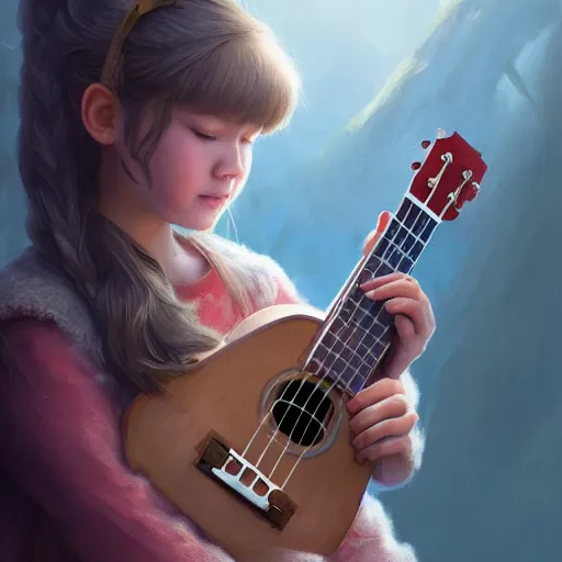 Image similar to 1 2 year old girl playing the ukulele, winds of winter, hyper detailed, digital art, trending in artstation, cinematic lighting, studio quality, smooth render, octane rendered, concept art, sharp focus, illustration, art by artgerm and greg rutkowski and wlop