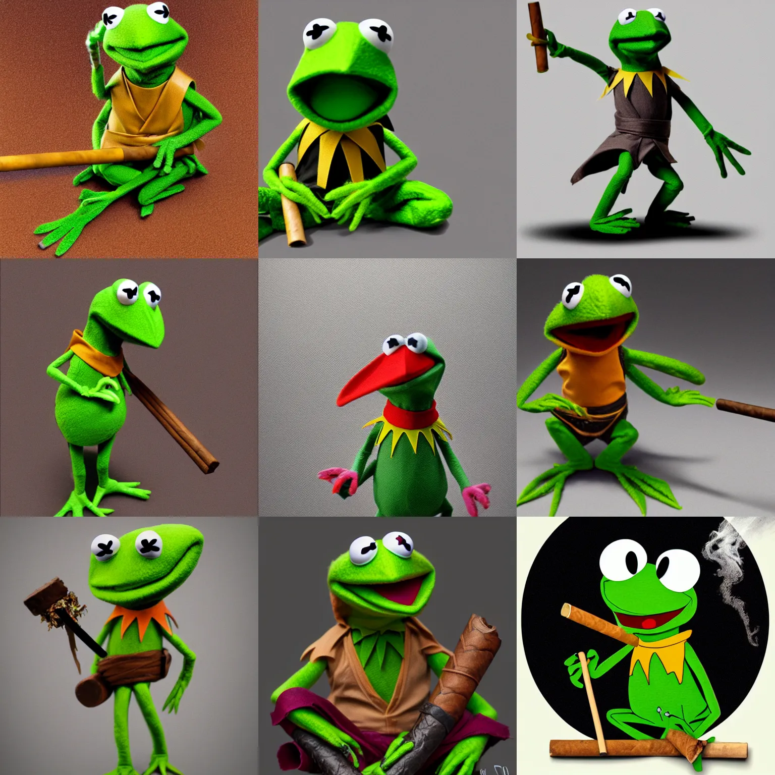 Prompt: Kermit the Frog wearing a ninja outfit with two swords on his back, smoking a cigar, hyperrealism, trending on artstation, 4k