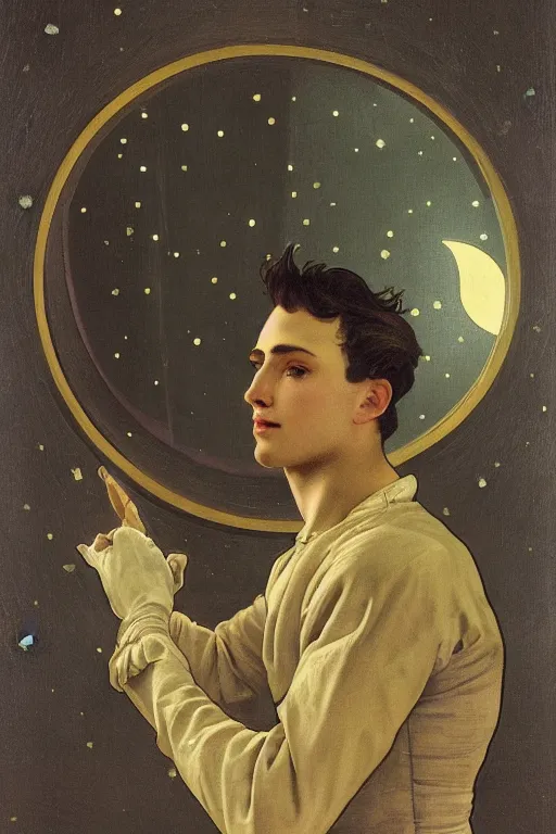 Prompt: a realistic detail portrait of A handsome young male nobleman, leaned against a large domed window, One hand was resting on the window, the moon cast on the man, the man looked up, The middle ages, The window reflected the starry sky, shining star, raining, goth, wide-angle lens, by Alphonse Mucha, Wolp, Sparth, Mark Brooks, Brad Kunkle, Vincent di fate, Paul-chadeisson, Dylan Cole, Jin Kim, Denis Villeneuve, Ben Nicholas, Anton Fadeev, thomas kinkade, rutkowski, Finnian MacManus, Tsutomu Kitazawa, black and red scheme, 8k