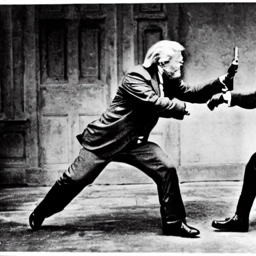 Image similar to Historical photo of Karl Marx fighting Donald Trump, high contrast black and white film photo, important historical photo