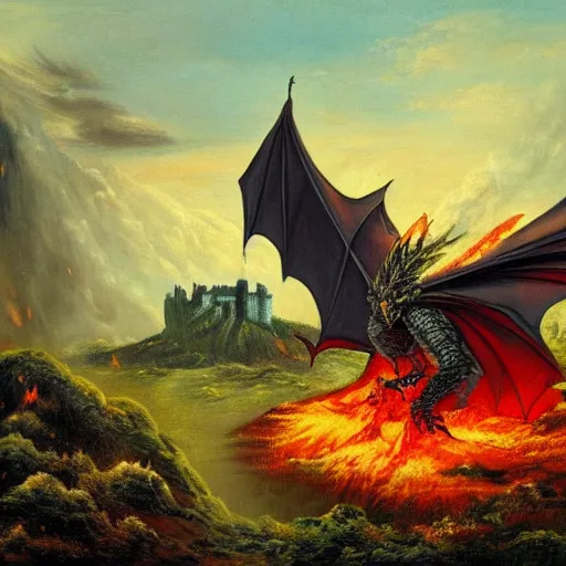 Image similar to a knight going to jump to get on a dragons back as it breathes fire and inflames the ground beneath him, with castle in distance, stormy, raining, painting