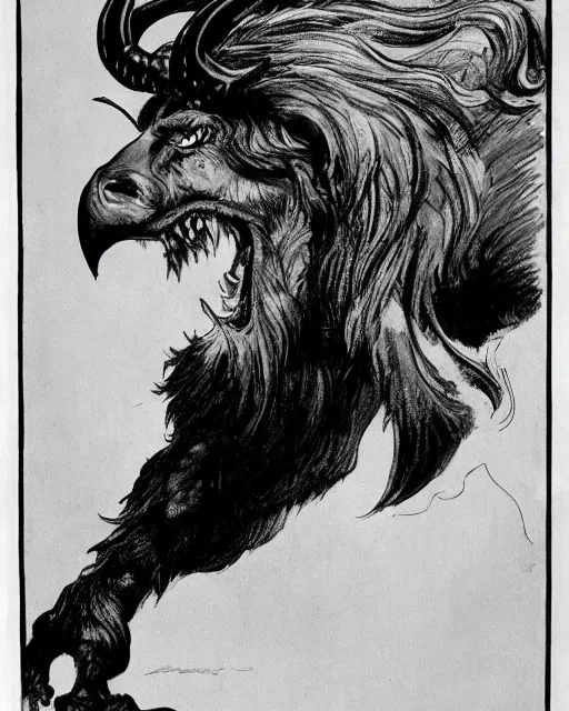 Image similar to a creature with the body and eyes of a man, with the beak of an eagle, the mane of a lion, and the horns of an ox. drawn by frank frazetta