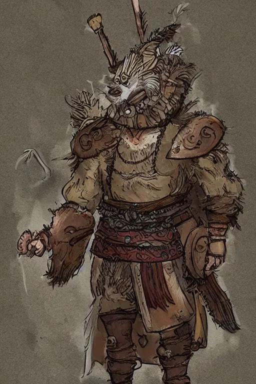 Image similar to full body character concept art of Eoghaill of the Murine Hordes, a La Tene Culture Celtic chieftain and warrior, resplendent and proud of bearing. Has a one-eyed rat as a familiar. Eoghaill is the leader of an Comlagh Naomh a group of Iron Age mercenaries.