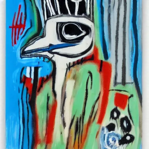 Prompt: bluejay by a river in an autumnal forest, painted by jean michel basquiat