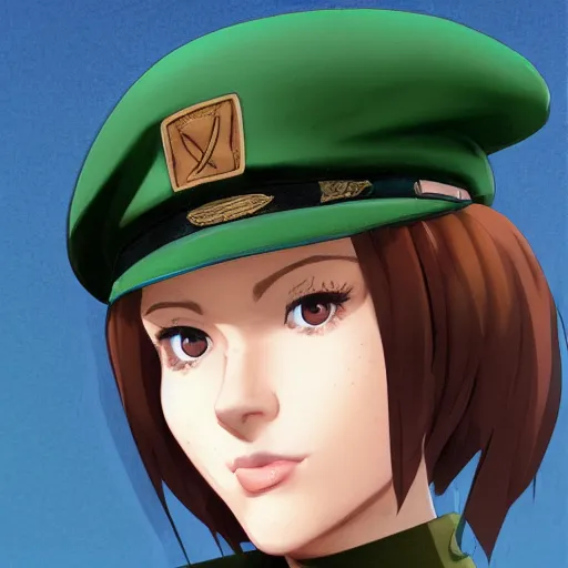 Prompt: portrait of young woman with light brown hair and hazel eyes dressed in a sharp dark teal military uniform with beret, saluting, smiling, ilya kuvshinov, anime, ross tran