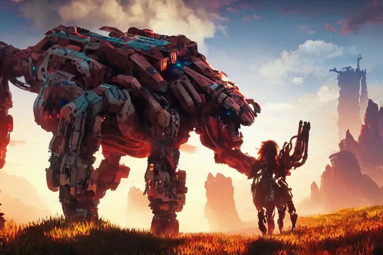 Image similar to behemoth machine mecanical creature robot of horizon forbidden west horizon zero dawn radiating a glowing aura global illumination ray tracing hdr fanart arstation by ian pesty and alena aenami artworks in 4 k