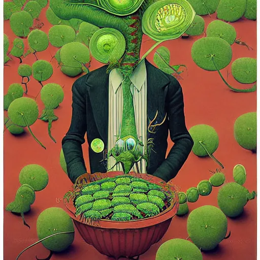 Image similar to Portrait of a Venus Flytrap Gentleman Venus Flytrap disguised as a human standing atop a red clay pot octavio ocampo jacek yerka winslow homer norman rockwell inio asano noctograph