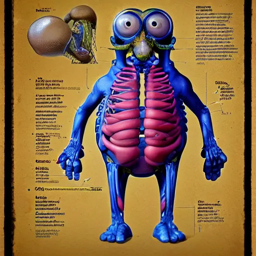 Image similar to A detailed biological anatomy of a minion, photorealistic, textbook, scientific