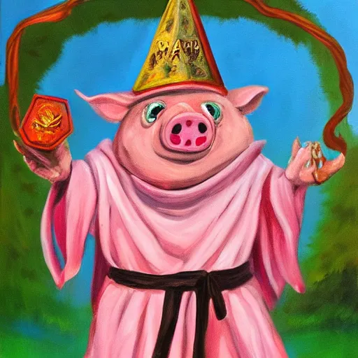 Image similar to Pig man wizard, D&D, oil painting, robes and wizard hat, magical