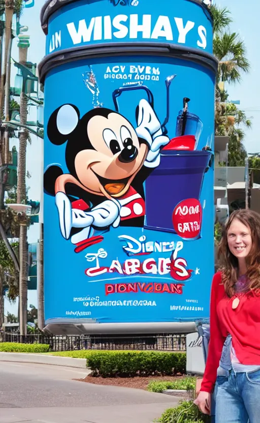 Image similar to Karen on a billboard advertising Disney trash cans