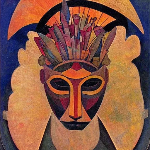 Image similar to head of a beautiful boy wearing a mask made of metal flowers, by diego rivera and john watkiss, art deco shaman, stylized geometric flowers, art brut, symbolist, dramatic lighting, god rays, iridescent beetles, clean crisp graphics, smooth sharp focus, extremely detailed