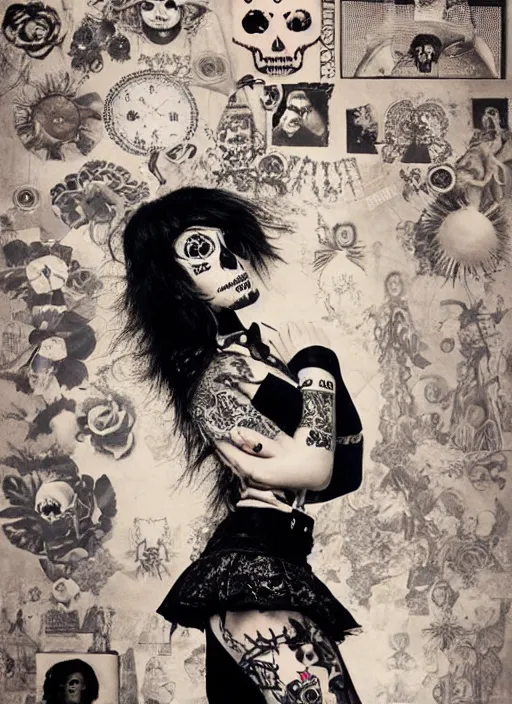 Image similar to cute punk goth fashion fractal Día de los Muertos tattoed girl posing by Zhang Jingna, surreal Dada collage by Man Ray Kurt Schwitters Hannah Höch Alphonse Mucha