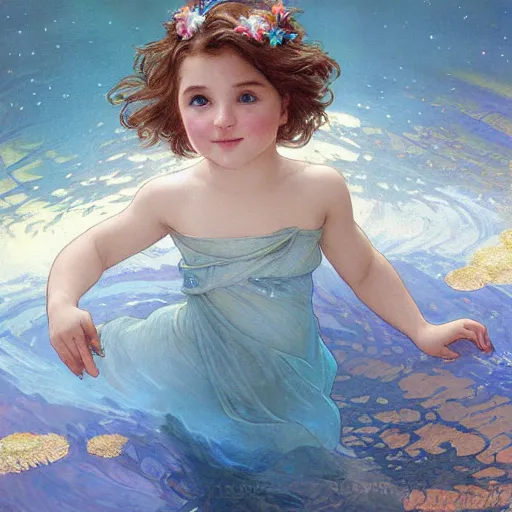 Prompt: a cute little girl with a round cherubic face, blue eyes, and short curly light brown hair floats underwater with stars all around her. She is wearing a colorful dress. Beautiful painting by Artgerm and Greg Rutkowski and Alphonse Mucha