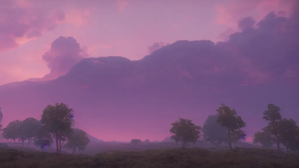 Image similar to distant mountains under the pink clouds backlit by the sun, volumetric fog, ue4, ue5, unreal engine, by Greg Rutkowski