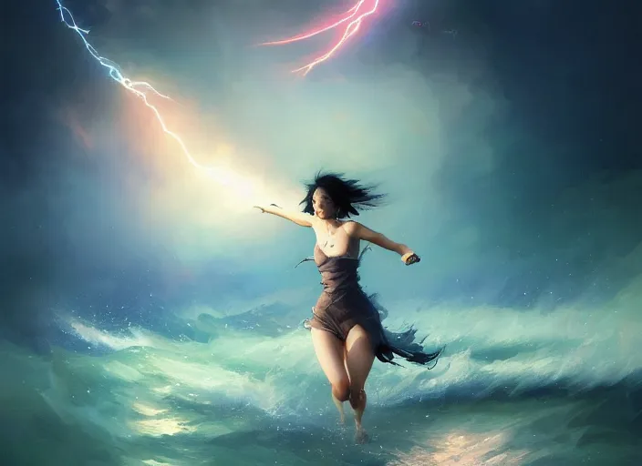 Image similar to seductive lee jin - eun running on water at super speed, emerging from multiversal galactic portal, splashes of lightning behind her, zooming past a jet, by ilya kuvshinov, peter mohrbacher, ruan jia, and james jean, aivazovsky, rule of thirds, coherent symmetry, close up, majestic, beautiful eyes