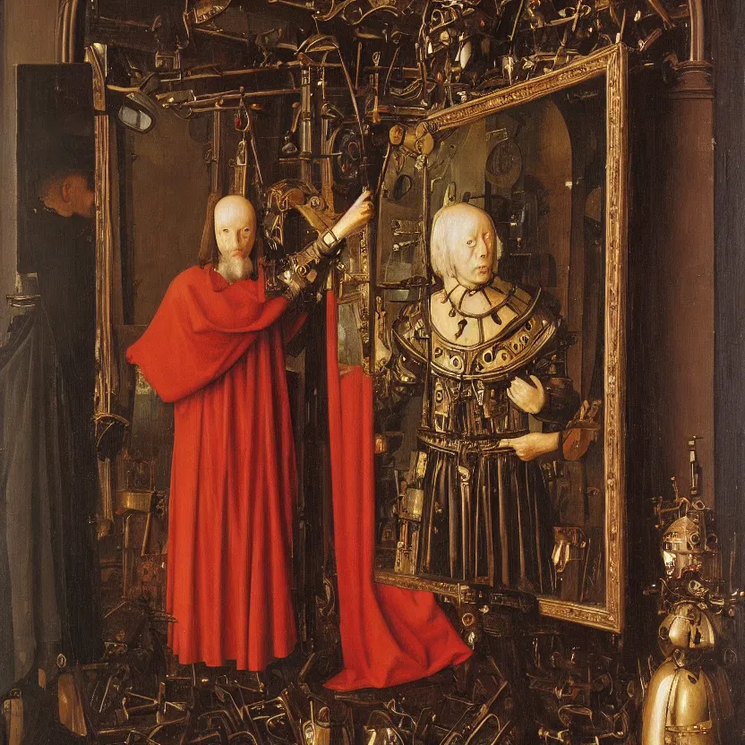 Prompt: van eyck oil painting of a medieval cyborg looking its reflection on a big mirror, mechanism visible symmetric defined ultra hd