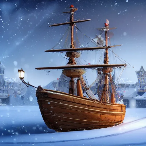 Image similar to beautiful 1600s ship frozen in the snow. Pixar Disney 4K 3d render funny animation movie Oscar winning trending on ArtStation and Behance. Ratatouille style.