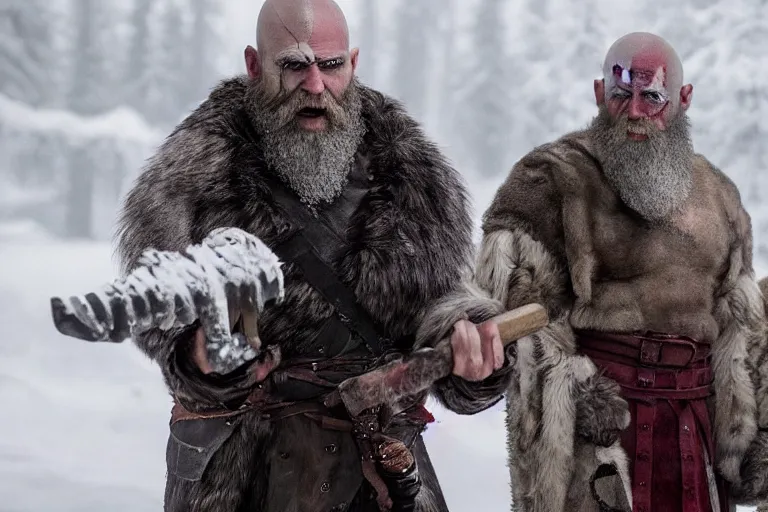 Image similar to vfx movie strong bald man in furs, natural grizzled skin, streaks of red face paint grey beard, holding two detailed viking axes, in snowy tahoe, god of war by emmanuel lubezki