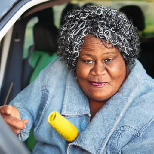 Prompt: old black woman wearing a durug driving whilst smoking a doobie