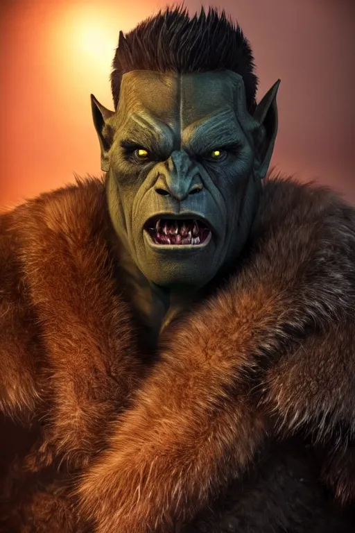 Image similar to A full body shot of a handsome half-orc looking into the camera wearing a leather fur jacket and boots, full body shot, detailed face, portrait, artstation, realistic, highly detailed, symmetrical, D&D, Dungeons & Dragons, hyper realistic, dynamic pose, high detail, octane render, unreal engine, 8k, fantasy art, highly detailed, dramatic lighting, concept art