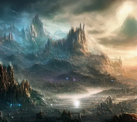 Image similar to vast beautiful epic realistic fantasy landscape with futuristic cities and iridescent crystals