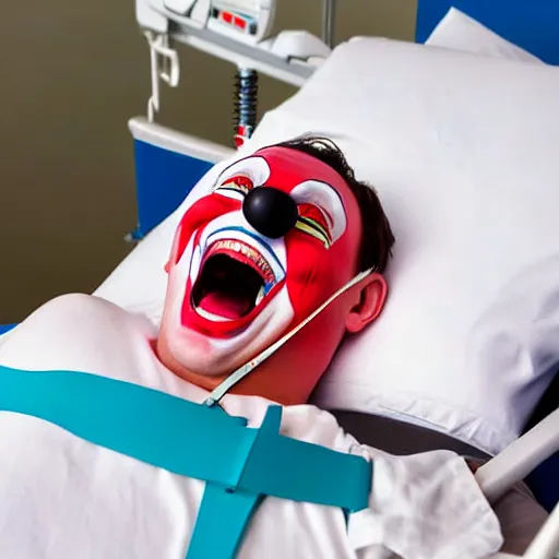 Image similar to laughing clown lying in hospital bed with wrist restraints on, restraint fabric straps attached to hospital bed, photograph, 8 k