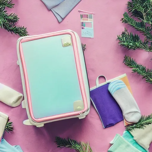 Prompt: a pastel coloured Polaroid holiday snap of a iridescent suitcase that it open and revealing rows of neatly folded socks