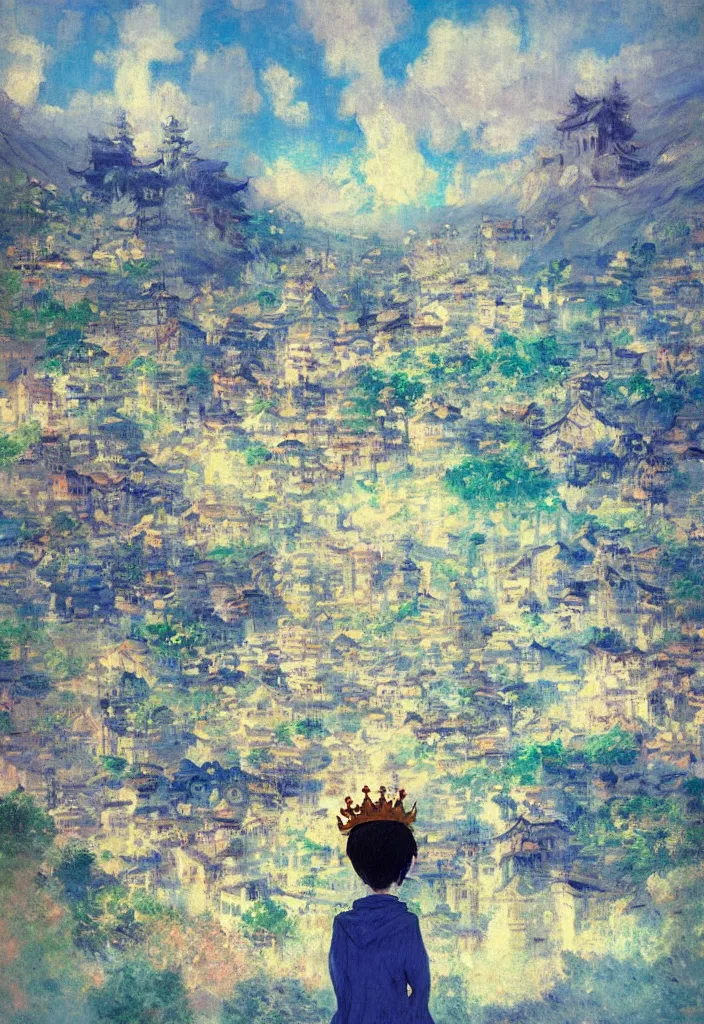 Prompt: tiny lost king wearing a majestic crown in front of a japanese city with beautiful ryokans and edo era houses. cyberpunk. beautiful blue sky. gorgeous epic nature inside the city. lofi. vivid colors, amazing light, by jeremy lipkin, by claude monet, heavily inspired by makoto shinkai, inspired by ghibli, masterpiece, multiple brush strokes, impressionist style