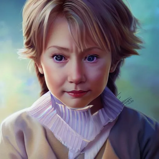 Image similar to ultra realistic illustration, hillary clinton as a child anime, intricate, elegant, highly detailed, digital painting, artstation, concept art, smooth, sharp focus, illustration, art by artgerm and greg rutkowski and alphonse mucha and wlop
