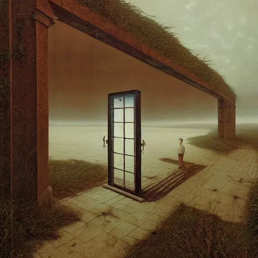 Image similar to hyperrealistic surrealism, david friedrich, award winning masterpiece with incredible details, zhang kechun, a surreal vaporwave painting of door leading to nowhere, mirrors everywhere, highly detailed