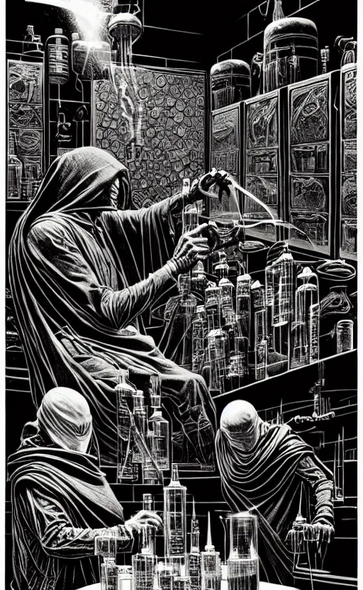 Image similar to ancient cloaked wizard mixing potions in his laboratory, high details, intricately detailed, by vincent di fate, inking, 3 color screen print, masterpiece, trending on artstation,, sharp, details, hyper - detailed, hd, 4 k, 8 k