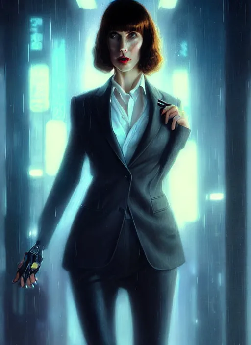 Prompt: ! dream hyper realistic portrait gorgeous, beautiful rachael rosen from blade runner set in modern times, fully clothed in a women's suit from the future, by greg rutkowski, scott m fischer, artgerm, loish, slight glow, atmospheric, anne stokes, alexandros pyromallis,