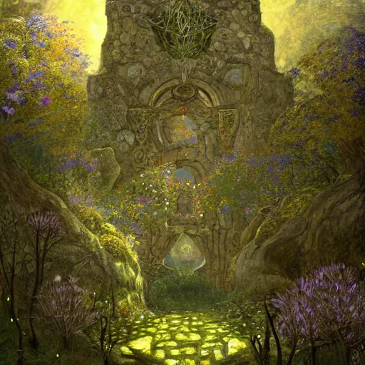 Image similar to ancient overgrown ruins, medieval gates, runestones, mysetrious etherial mesmerizing runic!! cat eyes!!!!, magical elven geometry, concept art by gustav klimt!, deviantart contest winner, environmental art, high detail