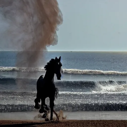 Prompt: an arabian black horse running in front of a sea, wind in its mane, on the beach, the sun is exploding, smoke everywhere