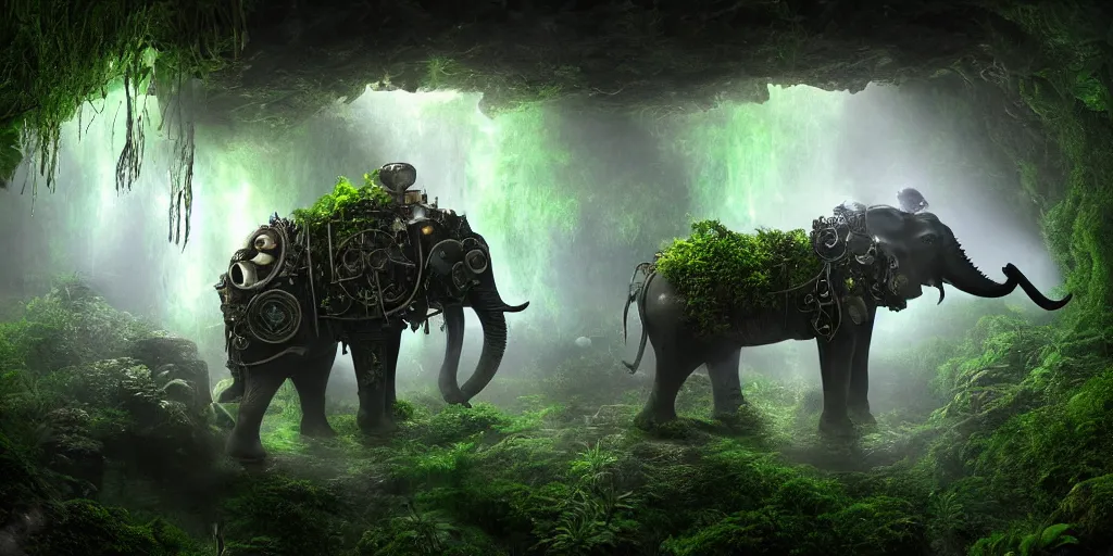 Image similar to magnificent mechanical steampunk elephant looking eerily into a cave entrance with lush vegetation and mystical (((glowing algae))) in the dawn, light coming through from holes in the ceiling, waterfalls, desaturated, creepy ambiance, dangerous, sharp focus, highly detailed, artgerm