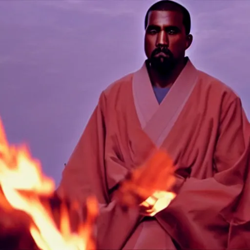 Image similar to cinematic film still of Kanye West starring as a Japanese Sensei with fire, Japanese CGI, VFX, 2003, 40mm lens, shallow depth of field, film photography