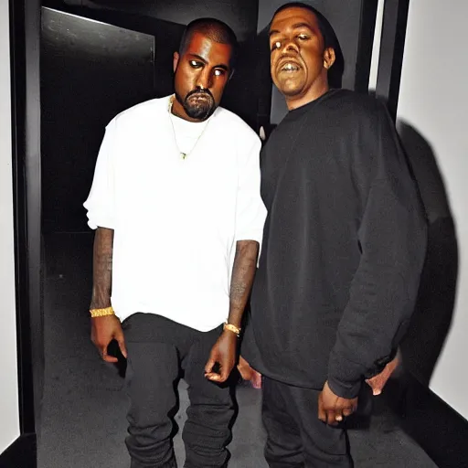 Image similar to paparazzi sneak photo of whole body and face wide shot of Kanye West wearing all black clothes in the studio with Jay-Z, the studio has dark lighting, the photo was taken in a iPhone 11, Kanye West and Jay-Z are not aware they are being filmed so they are not looking to the camera