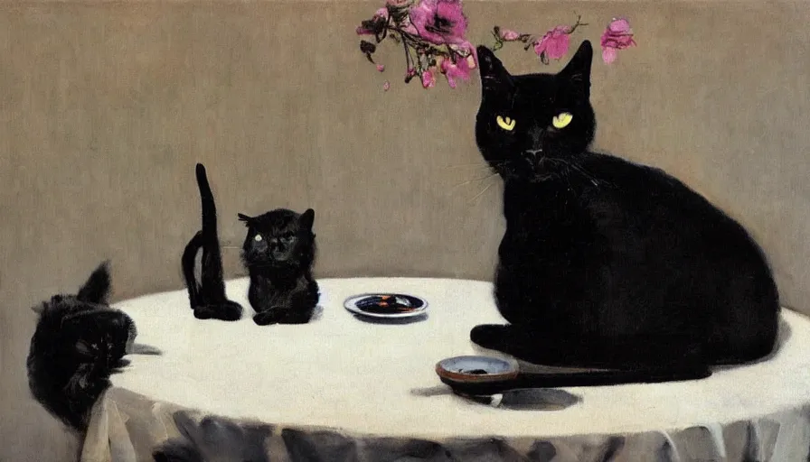 Prompt: painting by borremans, black cat on the table with black flowers, detailed, stunning