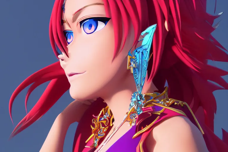 Image similar to character Lina Inverse from anime Slayers (1995 – 2009), rendered in Cinema 4D and Octane and Unreal Engine 5, hyperrealism, full body photogenic shot, digital render, cinematic lighting ornate earrings, 8k resolution, masterpiece work