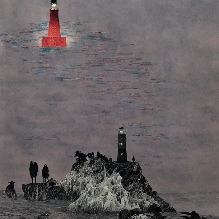 Image similar to worshippers in robes belonging to the cult of the lighthouse standing in waves with ravens flying overhead, a lighthouse, ravens, high detailed beksinski painting, part by adrian ghenie and gerhard richter. art by takato yamamoto. masterpiece, dark and moody, deep colours, blue