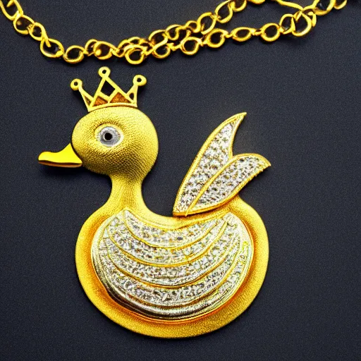 Prompt: a king duck wearing gold crown and gold necklace, ultra realistic, 4k