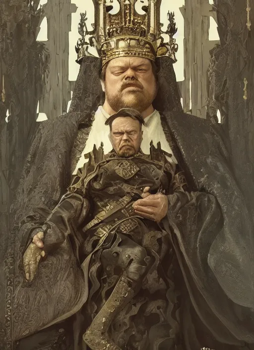 Image similar to Orson Welles as medieval King, intricate, elegant, highly detailed, digital painting, artstation, concept art, smooth, sharp focus, illustration, game of thrones, art by greg rutkowski and alphonse mucha and aleksi briclot