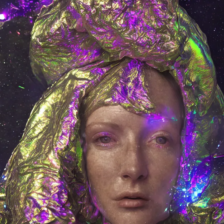 Image similar to octane render portrait by wayne barlow and carlo crivelli and glenn fabry, subject is a woman covered in tie - dye aluminum foil space suit with a iridescent metallic space helmet, inside a cave of glowing alien crystals, cinema 4 d, ray traced lighting, very short depth of field, bokeh