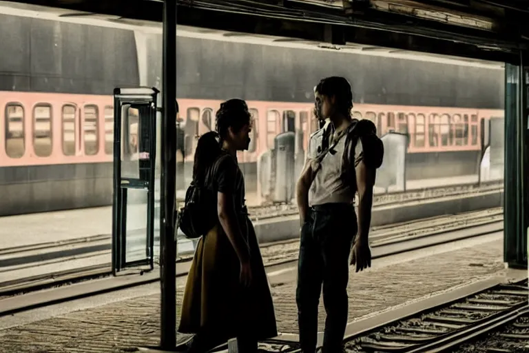 Image similar to vfx movie couple in a train station flat color profile low - key lighting award winning photography cinematography atmospheric cool color - grade