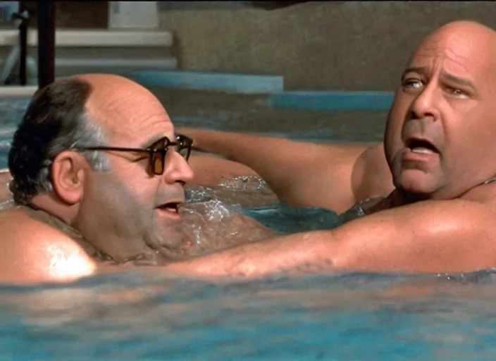 Prompt: film still of george costanza being rescued by a lifeguard in the new seinfeld episode, 4 k