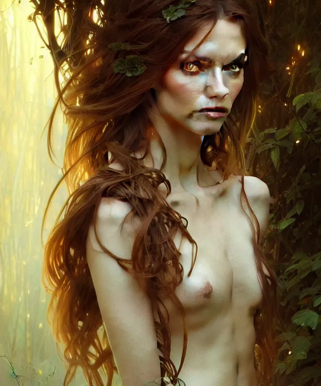 Image similar to Forest nymph woman portrait, amber eyes, face, long hair, fantasy, intricate, elegant, highly detailed, digital painting, artstation, concept art, smooth, sharp focus, illustration, art by artgerm and greg rutkowski and alphonse mucha