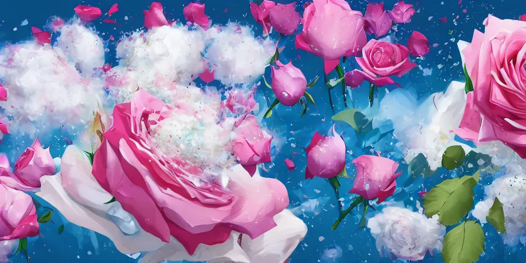 Image similar to background art of magic invisible force blade slicing through a bouquet of white and pink roses, flowers exploding and splattering, big puffy clouds, exploding roses, large rose petals, lotus petals, large polygonal background elements, large polygons, studio ghibli anime, radiant lighting, artgerm, manga, trending on artstation, art nouveau, mature colors