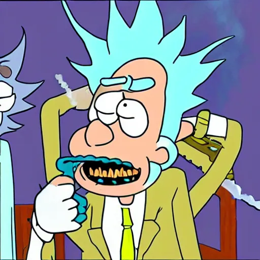 Image similar to cartoon of rick sanchez ( rick and morty ) smoking a plumber, in the style of rick and morty