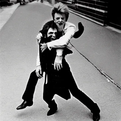 Image similar to david bowie from changes giving a piggy back ride to ziggy stardust. in the style of marcel duchamp.