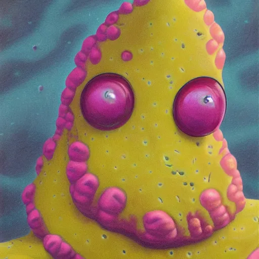 Image similar to painting of alien sponge creature that looks like spongebob, in the style of wayne barlowe